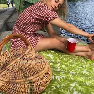 Gingham printed puffed sleeve belted summer dress